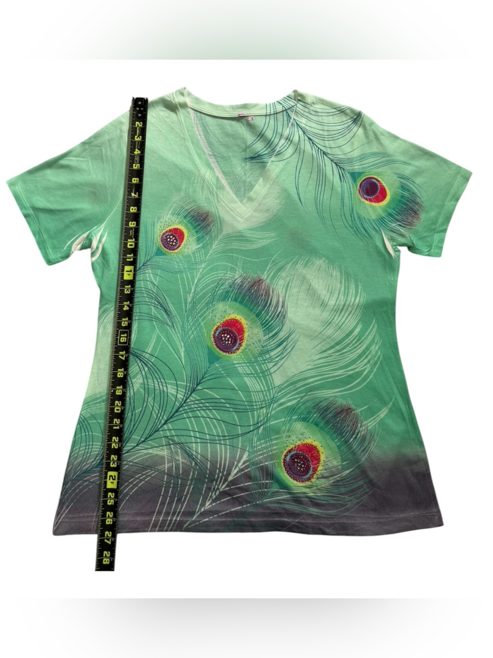 Women’s Green Peacock Feather Print Tee Size:L - Picture 2 of 4
